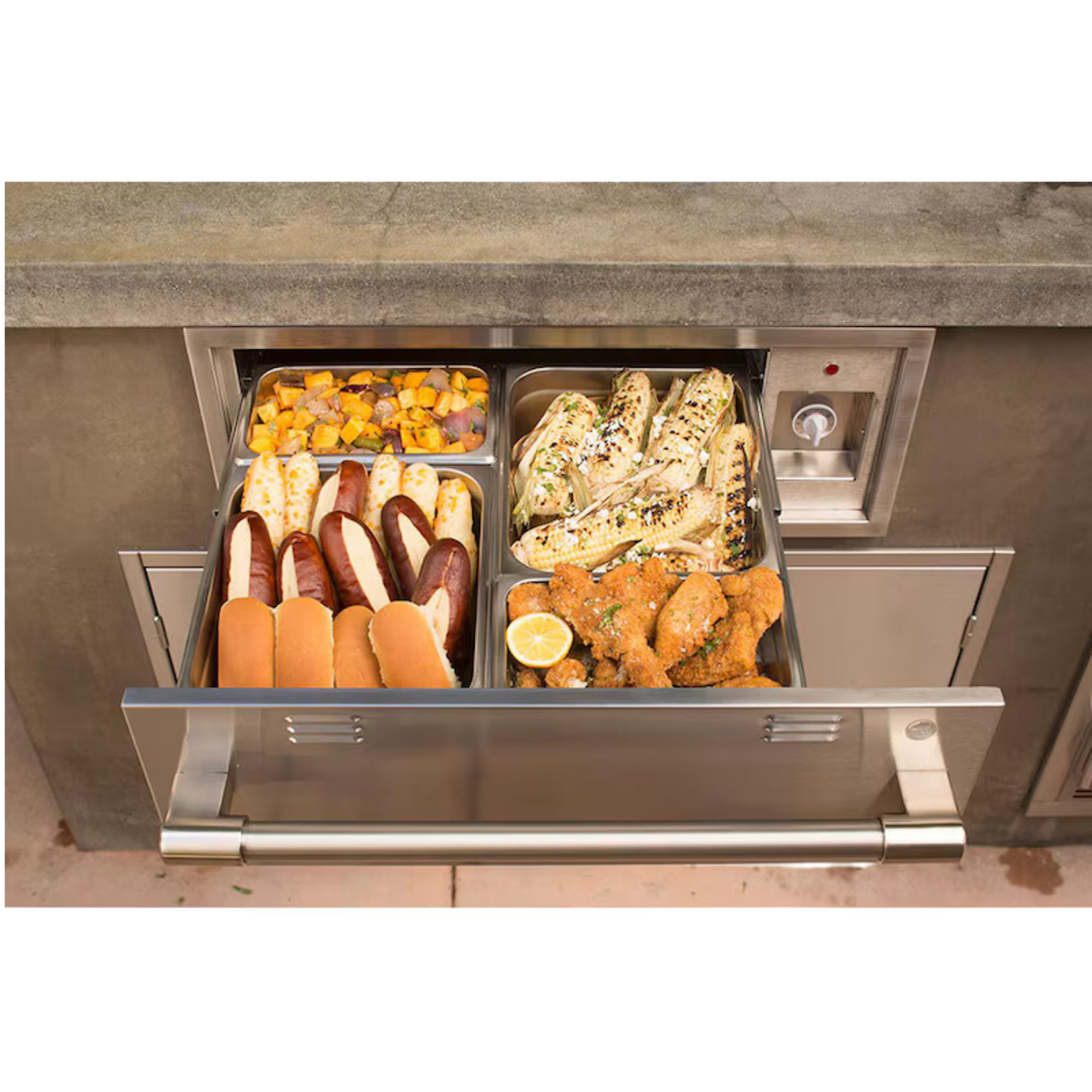 Outdoor Kitchen Warming Drawer, Keeps prepared foods, Alfresco AXE, SS construction,  electronic 
