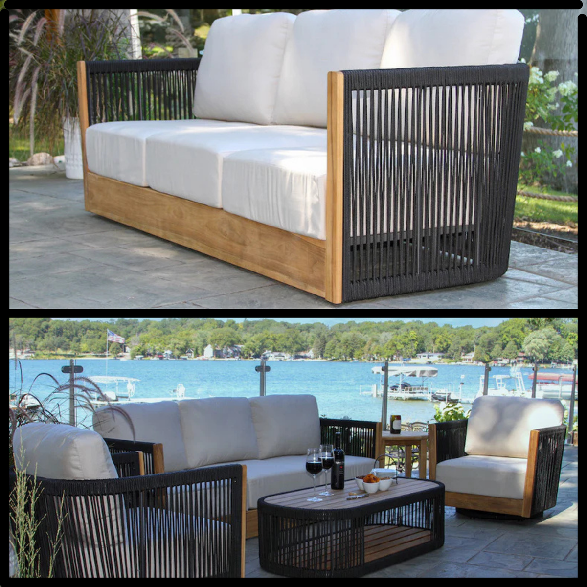 Nautical Black Rope &amp; Teak Sofa,  FSC-certified teak hardwood, PC alum. frame,  Sunbrella cushions.