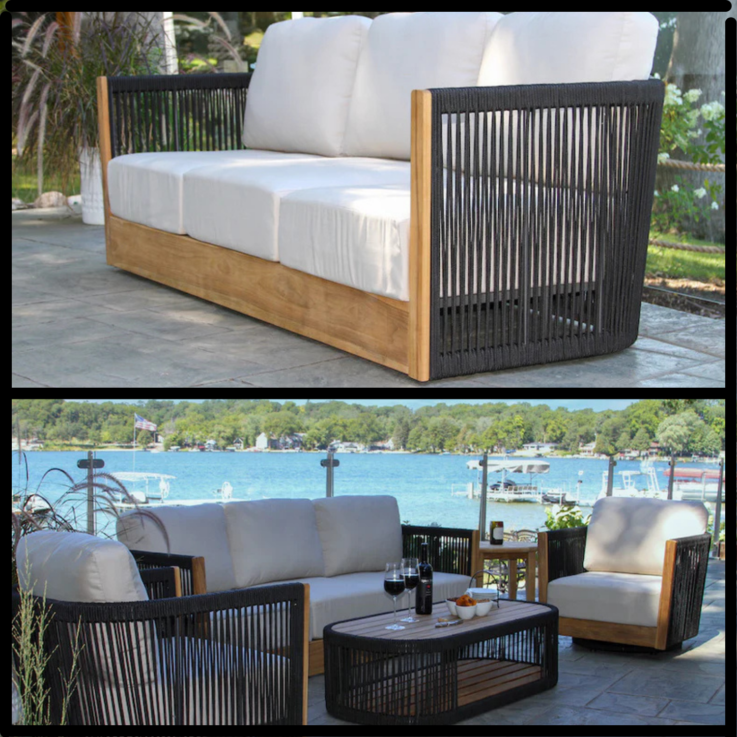 Nautical Black Rope & Teak Sofa,  FSC-certified teak hardwood, PC alum. frame,  Sunbrella cushions.