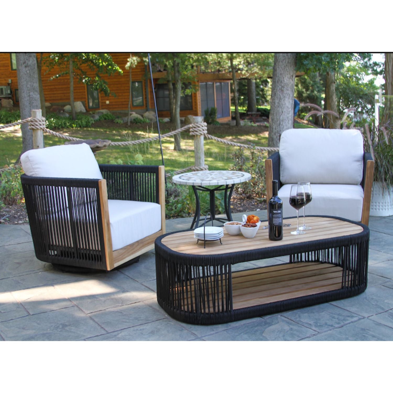 Contemporary Black Rope & Teak Patio Set - 4 piece modern, Sunbrella Cushions, Farmhouse Decor