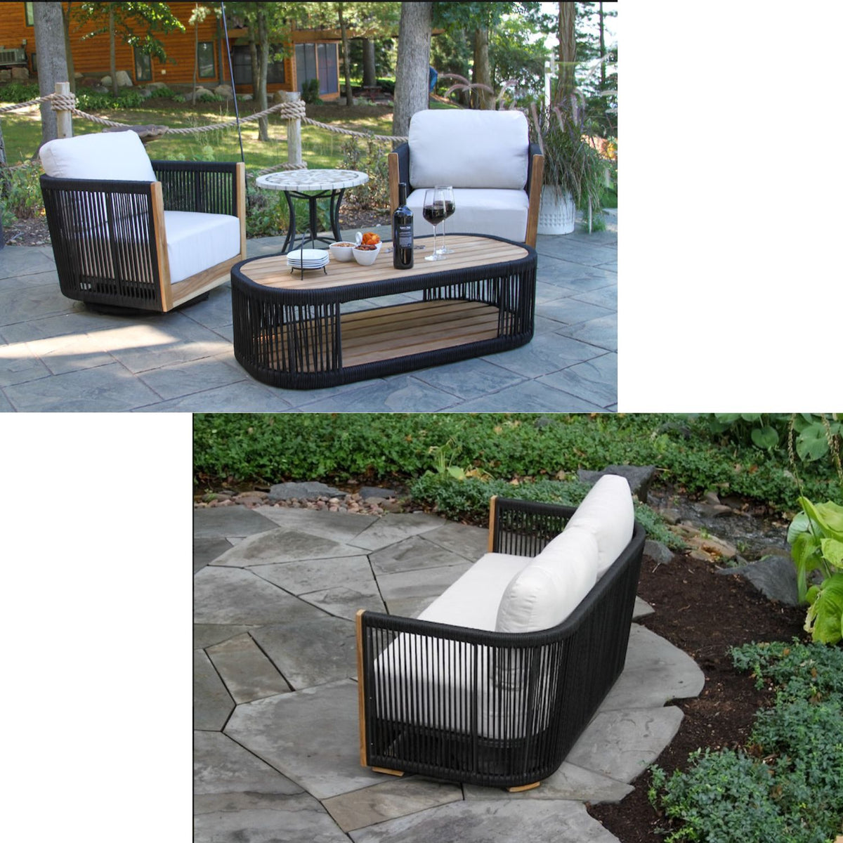 Nautical Rope &amp; Teak Loveseat Set, contemporary, FSC-certified teak, powder-coated aluminum frame 