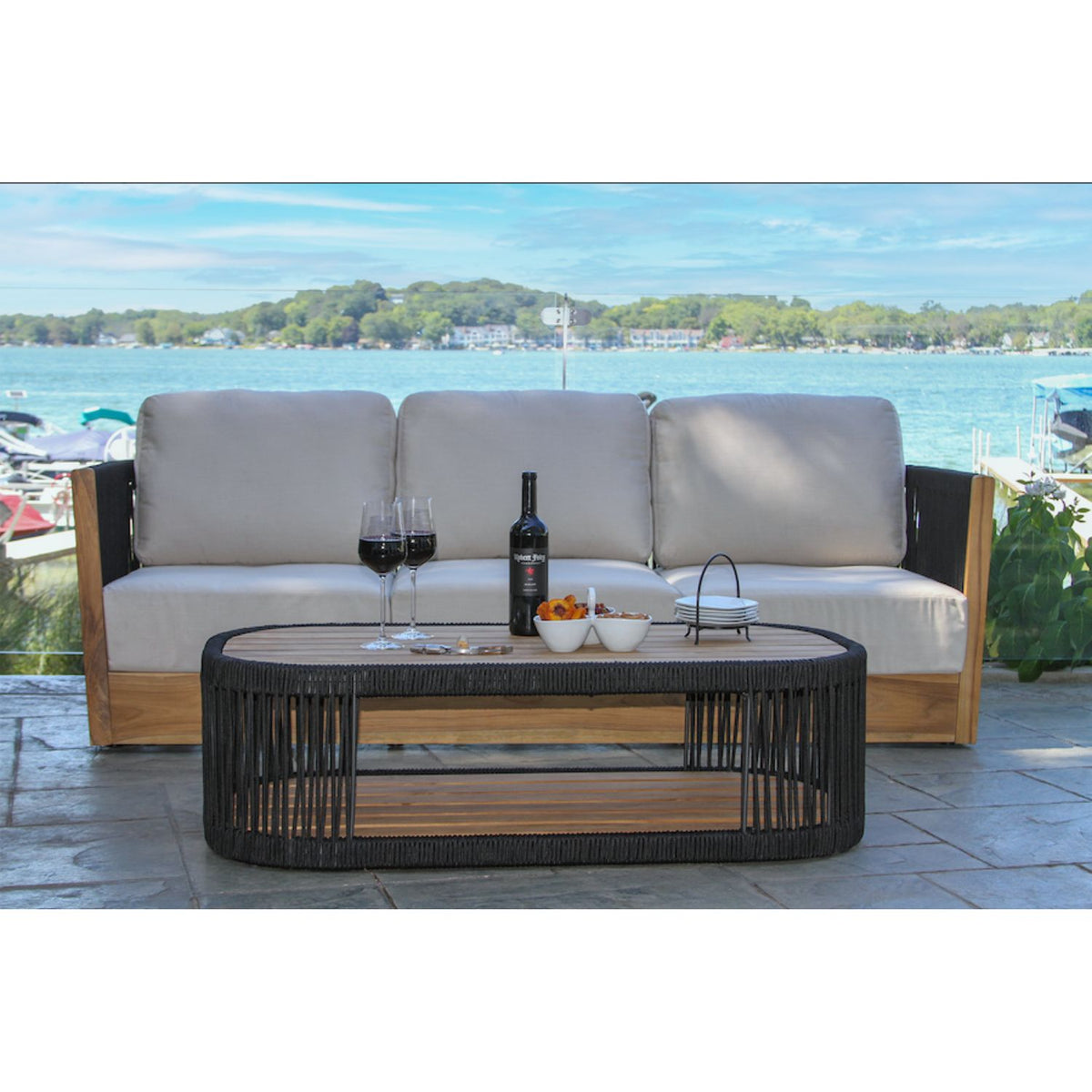 Black Rope &amp; Teak Sofa and Coffee Table Set