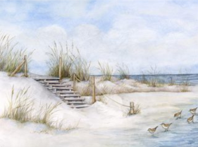 Outdoor Canvas Art, by West of the Wind, Soft Sands, depicts coastal sandpipers playing W 40" H 30" 