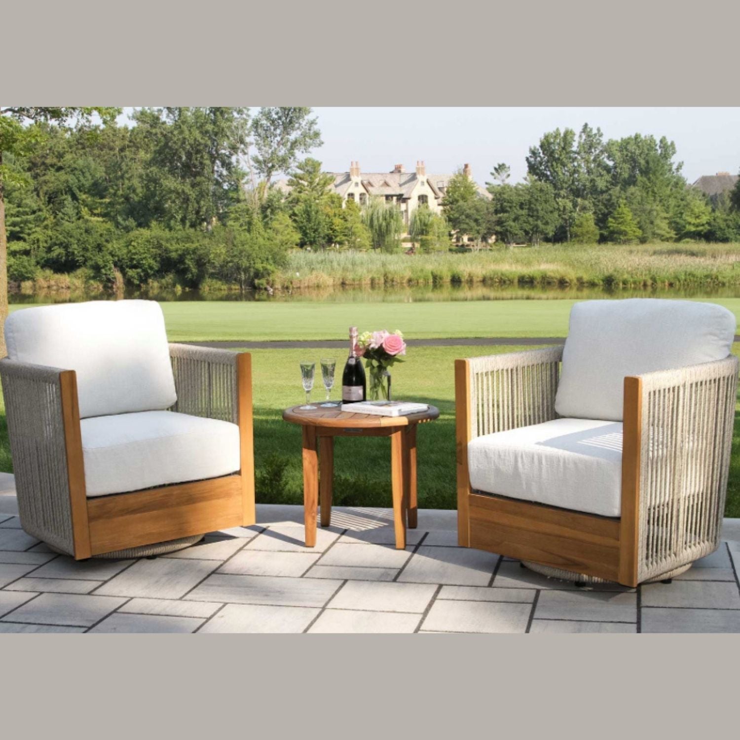 Outdoor Interiors Cabled Rope, Swivel Chair, 360°, certified teak hardwood, cable HDPE wicker