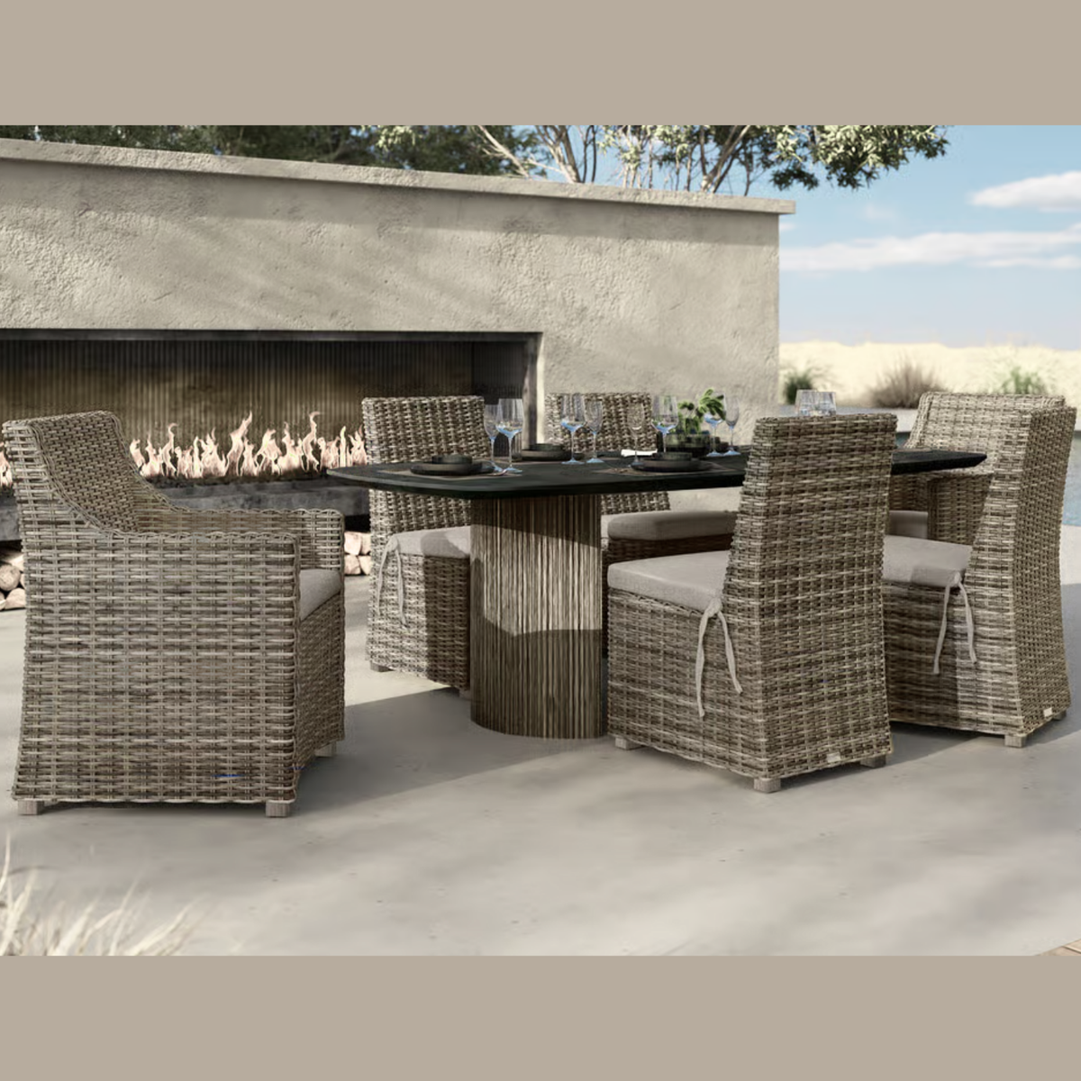 Ebel, Avallon, Wicker Dining Set, sustainable, wicker, over aluminum frame, with stands salt air