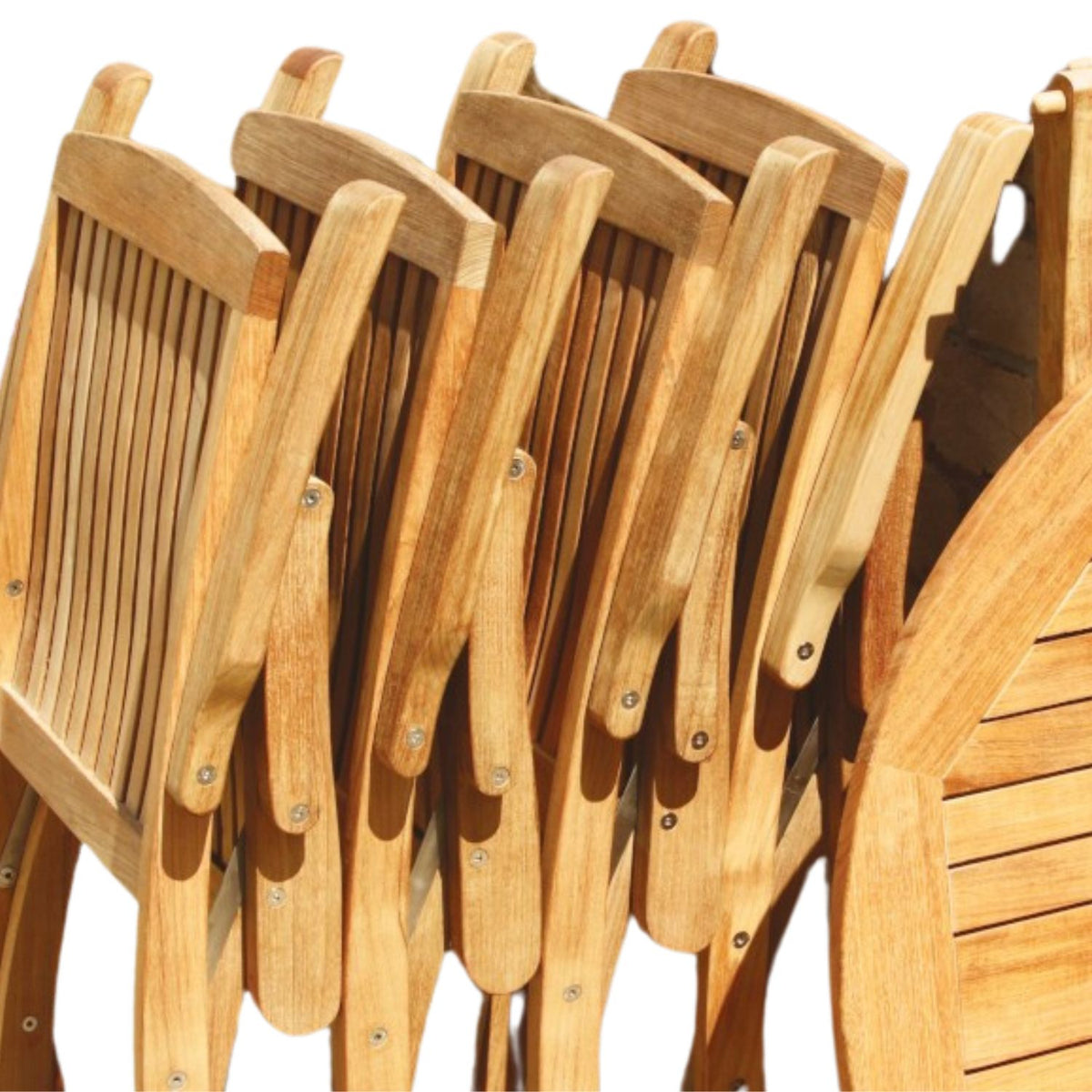 Stackable Teak Outdoor Dining Chairs folds for storage, Riviera Outdoor Decor, Corpus Christi, Texas