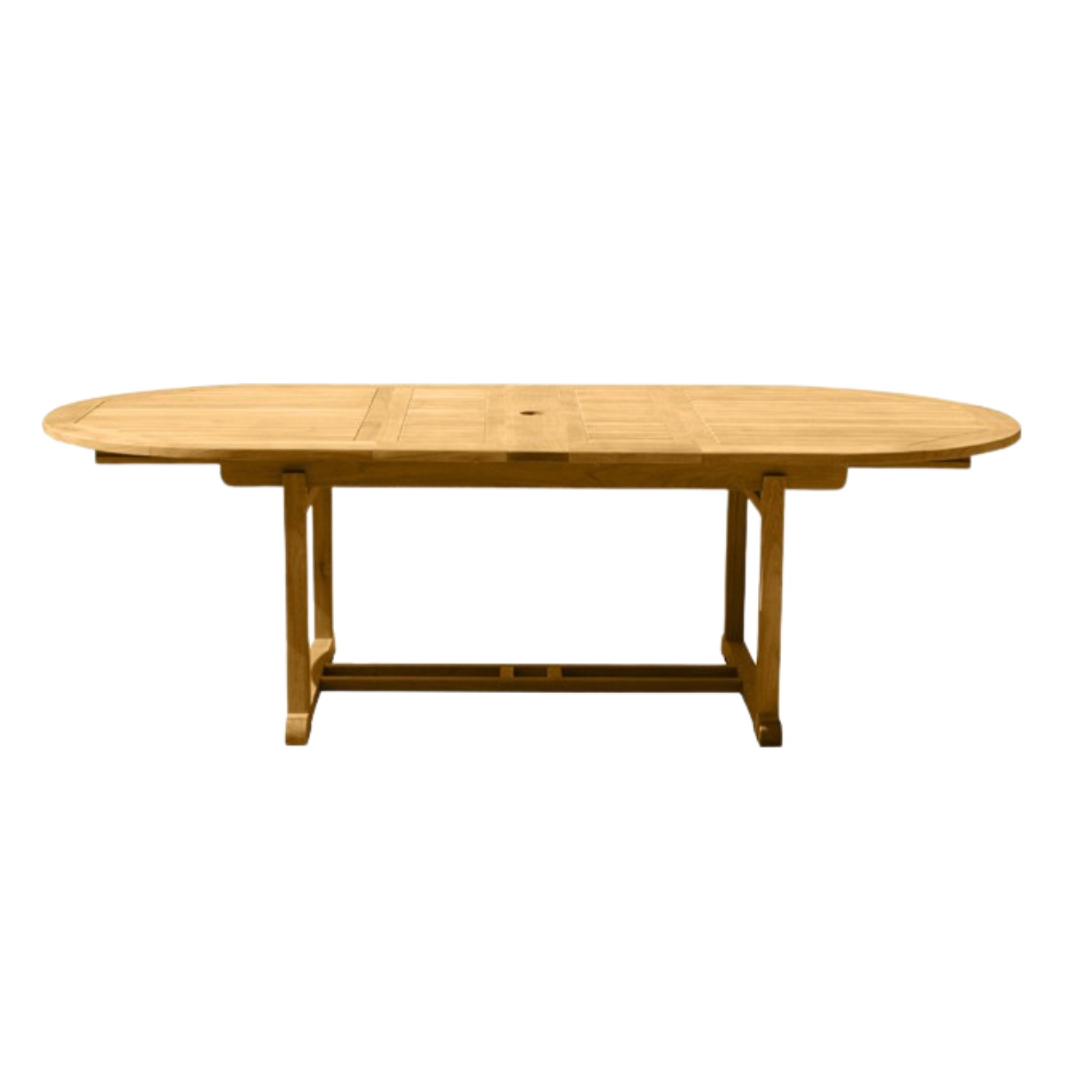 Teak Outdoor Dining Table Oval 74"-98" self-storing leaf allows you to add two extra place settings