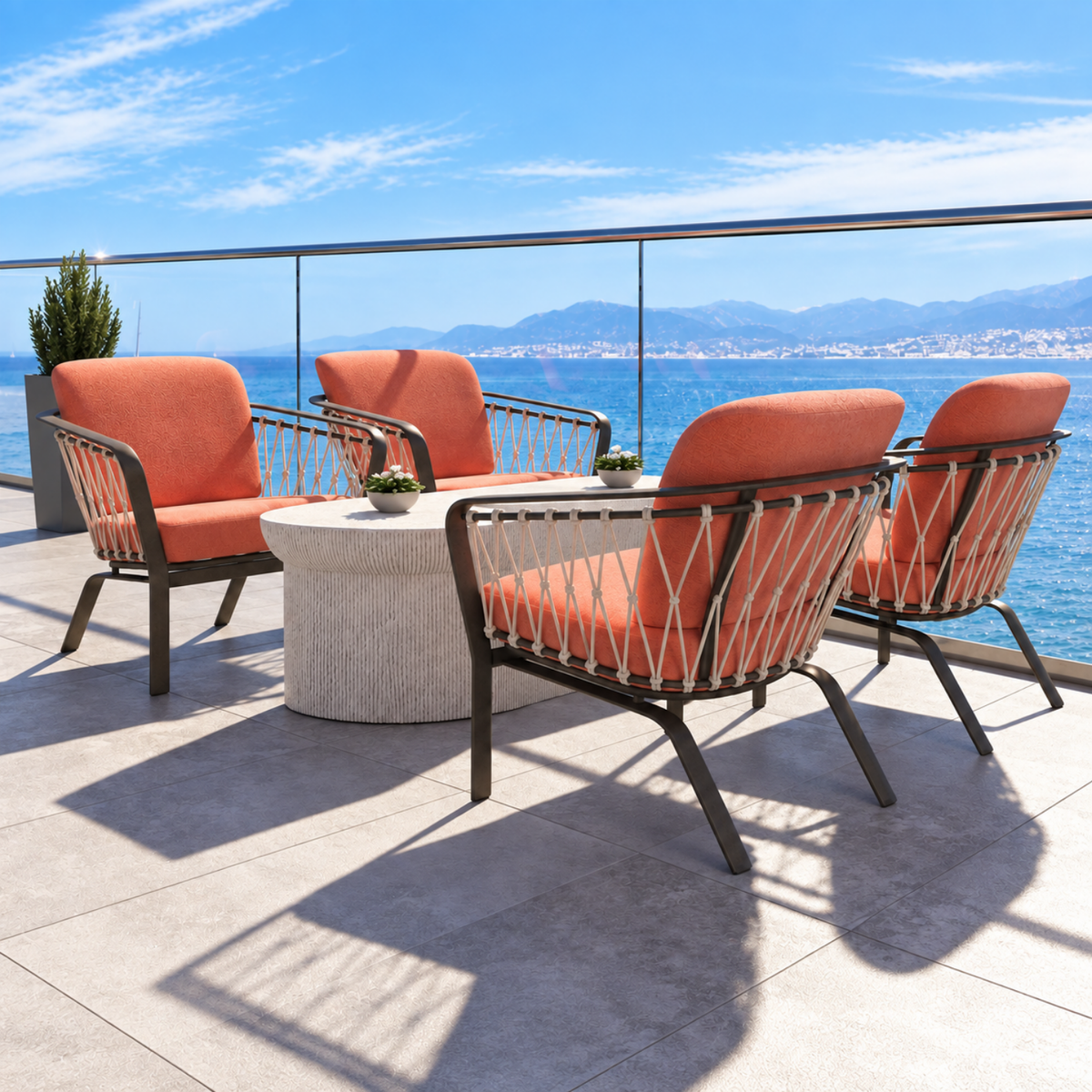 Tropitone, Trelon, Rope, 5-Piece Patio Seating Set. Sunbrella® a rope detailing l, aluminum frame, 