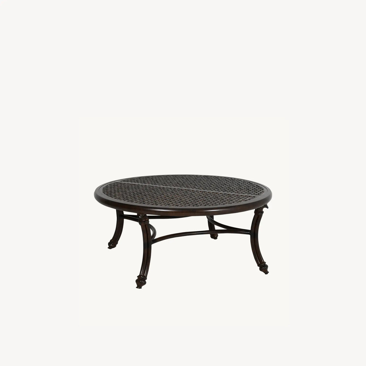 Castelle, Coco 42" Round Coffee Table, made of cast aluminum, powder coat, mimics rattan-no rust