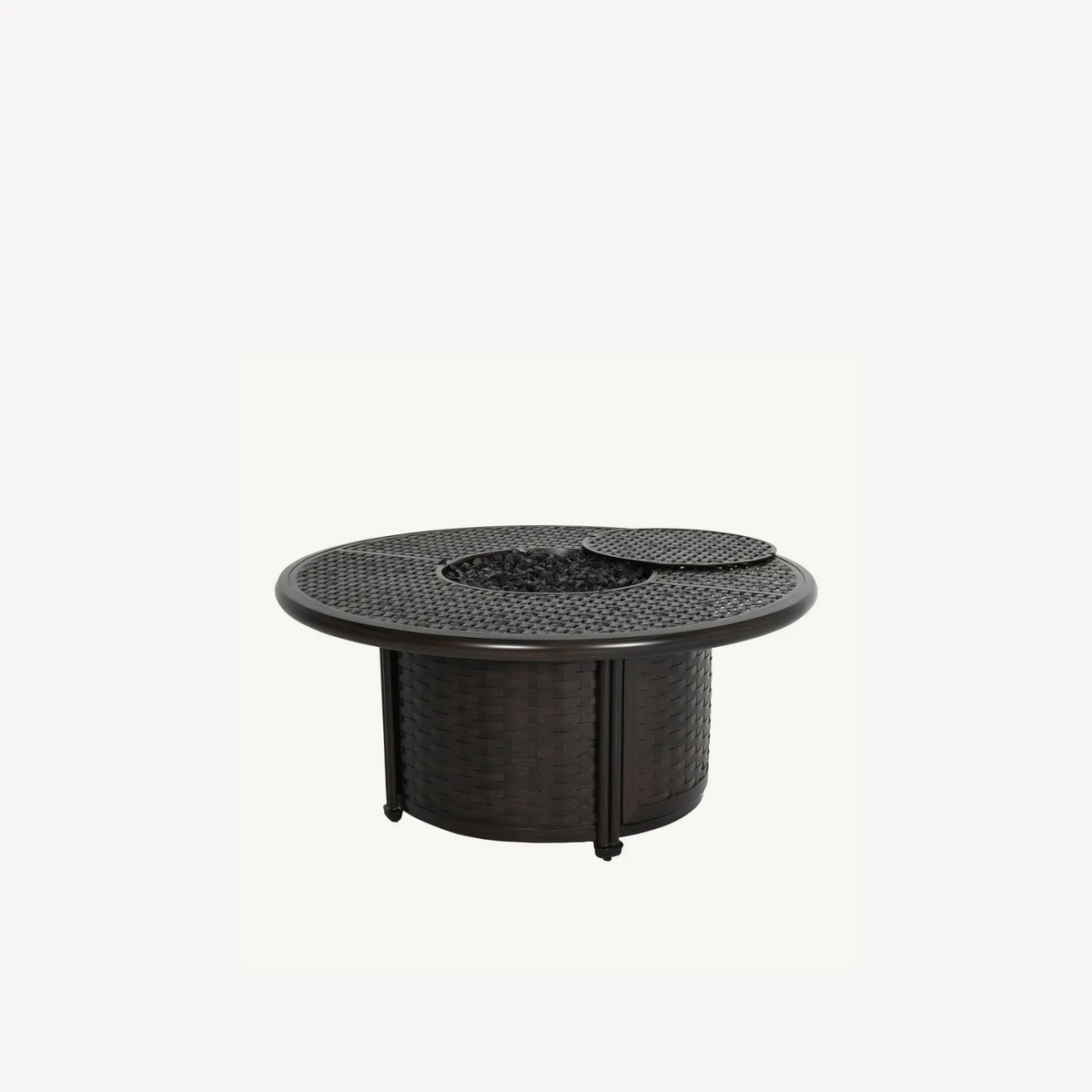 Castelle Coco Round Coffee Table with Firepit 48", made of cast aluminum that mimics rattan, no rust