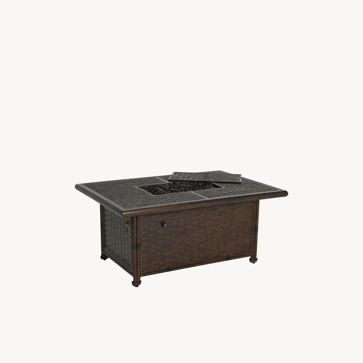 Castelle Coco Rectangular Coffee Table with Firepit, aluminum, mimics rattan, withstands salt air