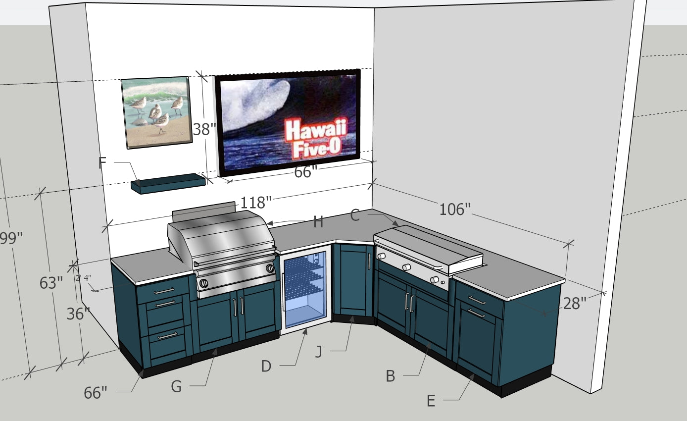 Marine Grade Outdoor Kitchen Cabinets, Pellet Grill, marine grade outdoor refrigerator, Griddle, built in trash receptacle, lots of storage