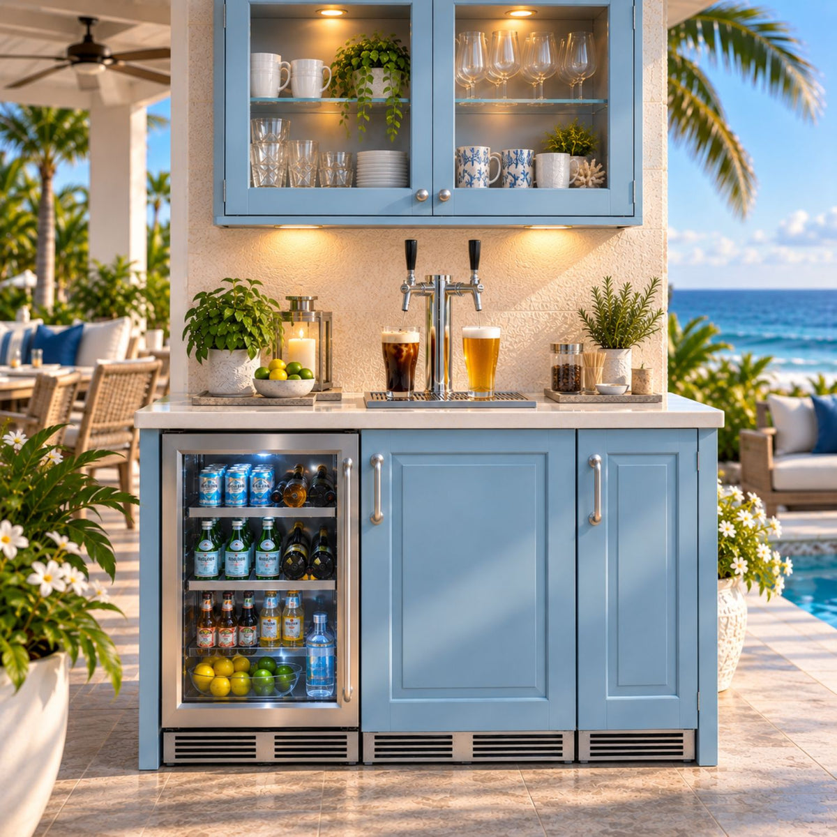 Outdoor Kitchen Bar, Marine Grade, Double Tap, Panel ready with Refrigerator and Ice Maker
