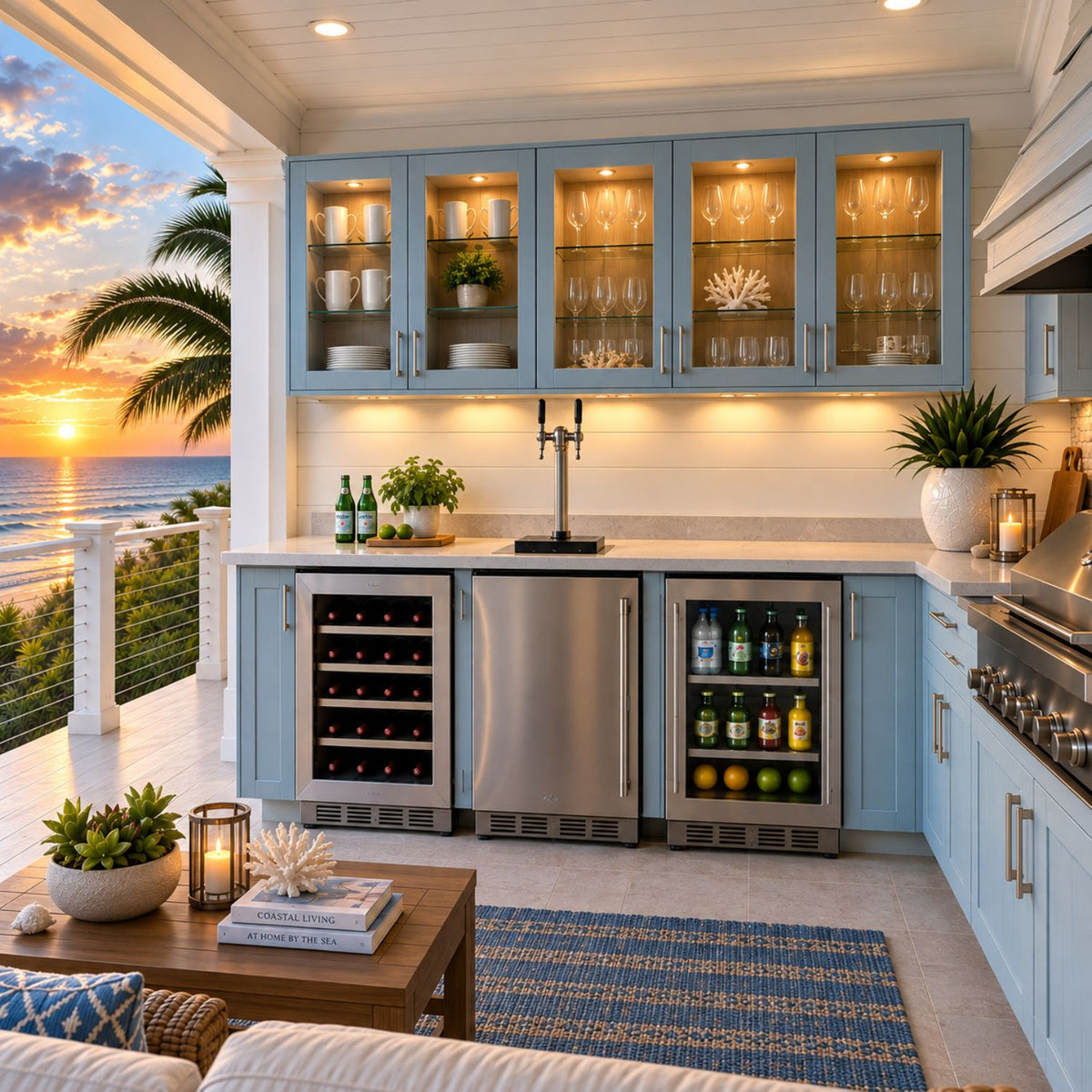 Outdoor Kitchen Bar, Marine Grade, Double Tap, Panel ready with Wine Reserve, Refrigerator and Ice Maker (Copy)