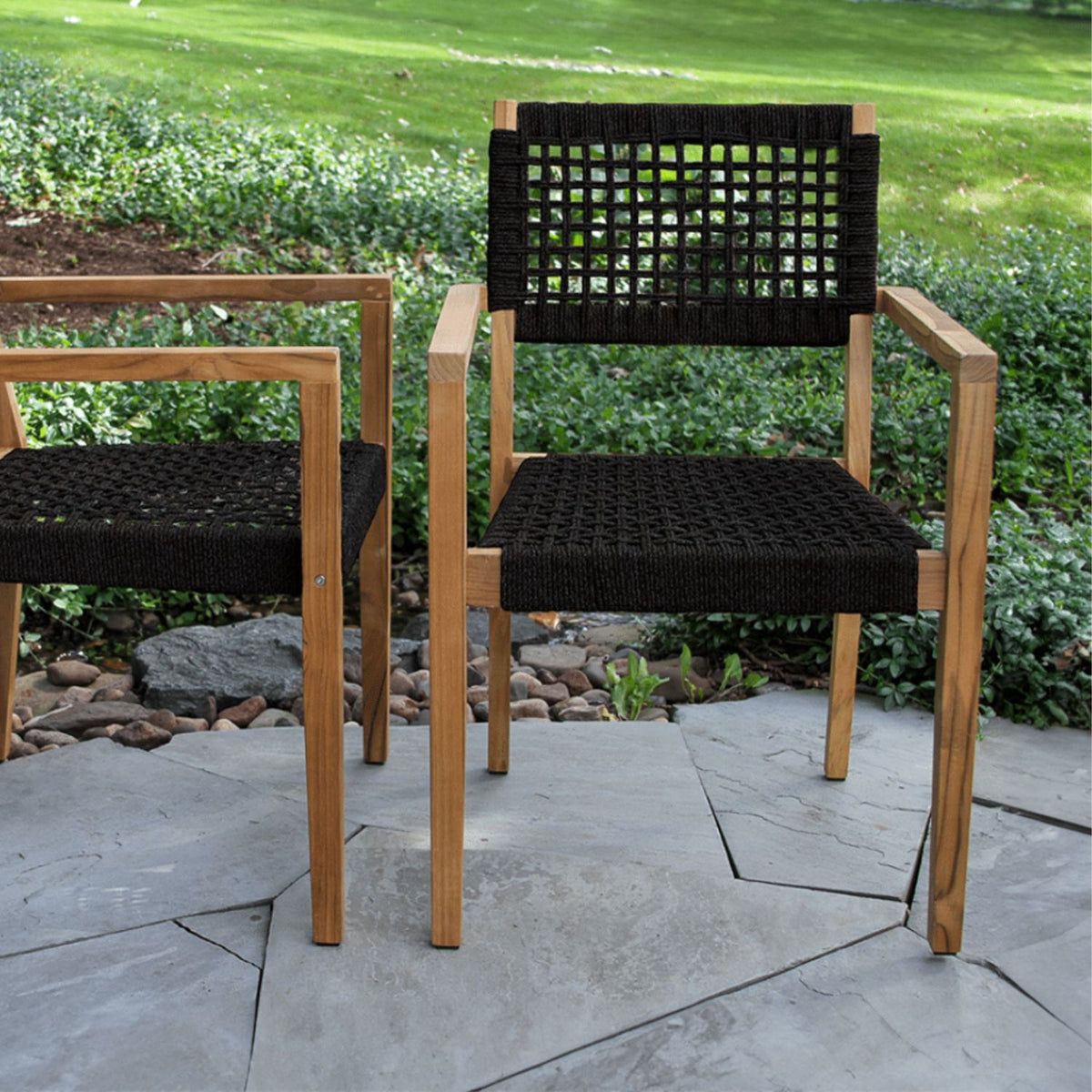 Outdoor dining set, nautical grade black rope or ash chair options and sintered stone table top