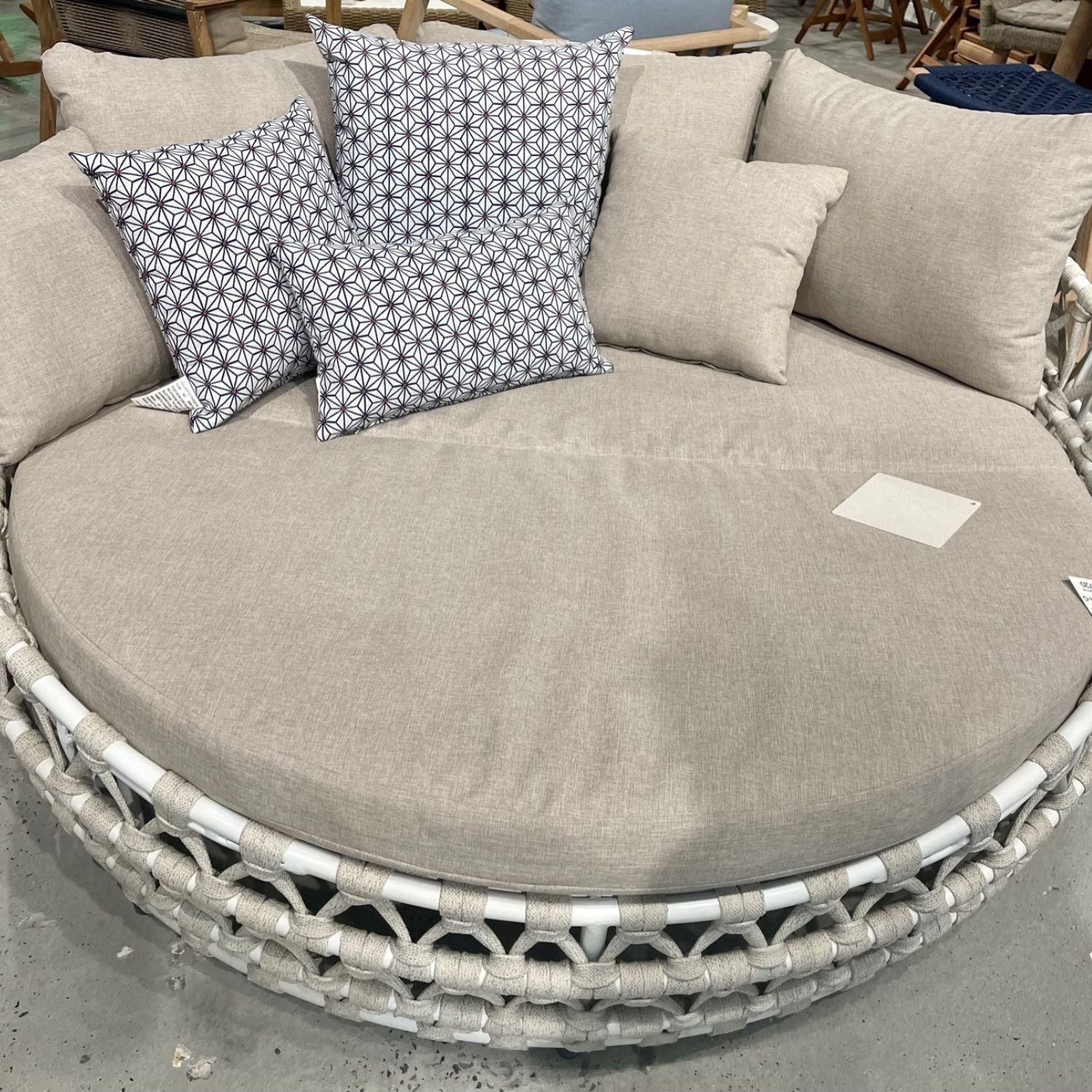Round Outdoor Daybed, accent pillows, rust resistant,  Riviera Outdoor Decor, Port Aransas, Texas