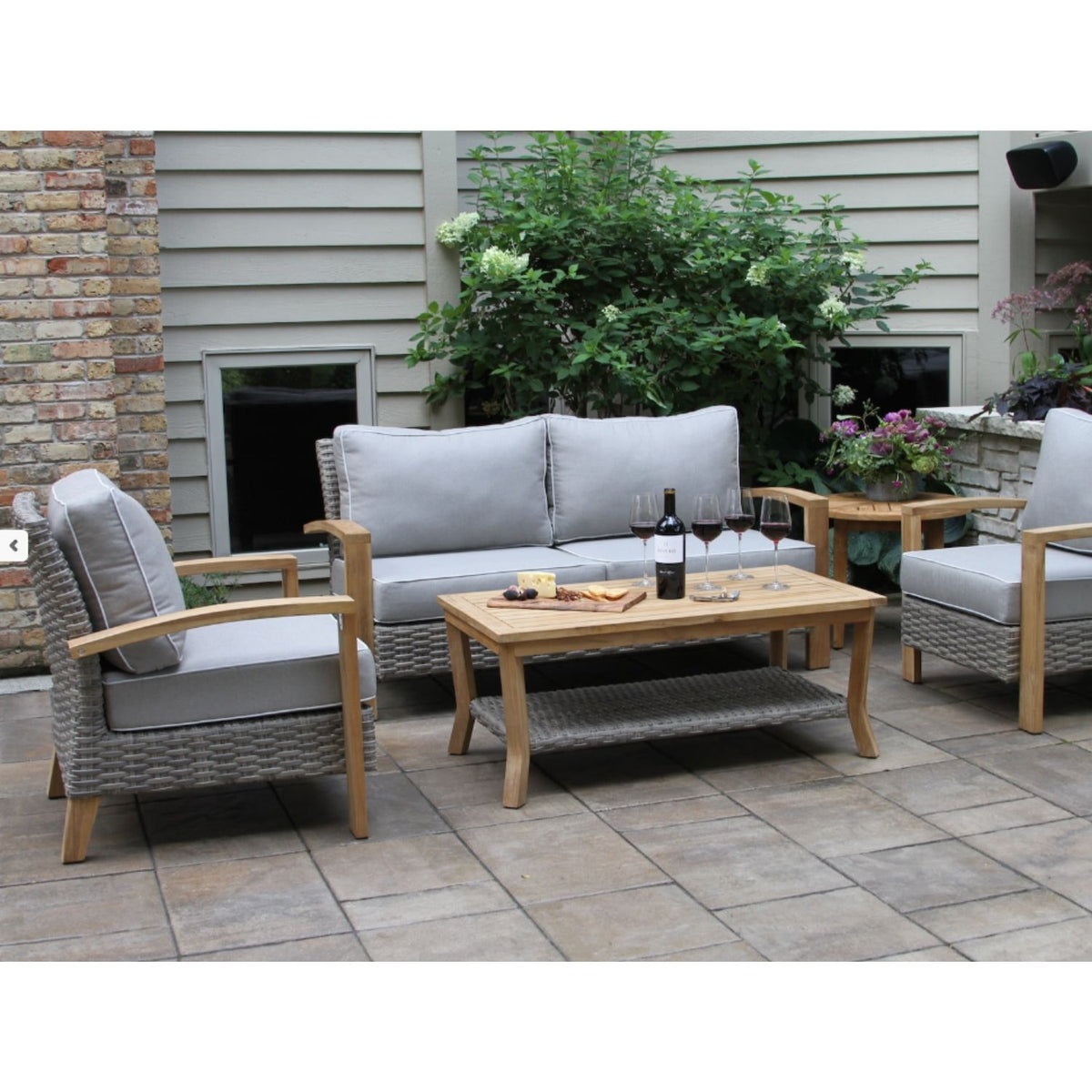 Teak &amp; Wicker Love Seat, 2 Arm Chairs &amp; Cof. Tbl W Olefin