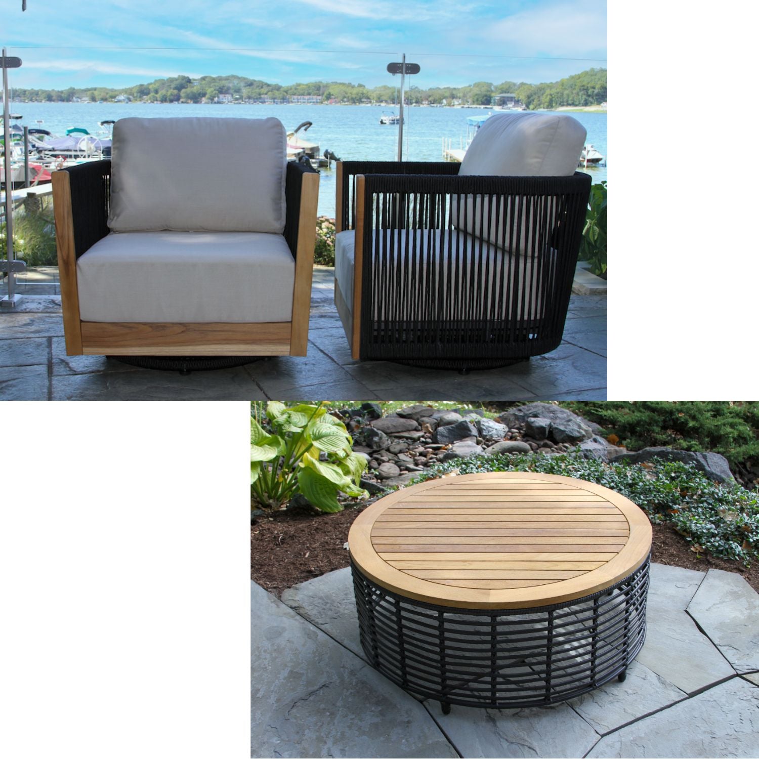 Black Rope and Teak swivel chairs, black lava coffee table