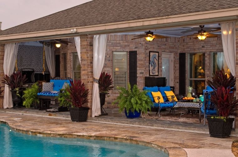 Polywood Outdoor/Patio furniture with custom outdoor cushions, pillows and wind resistant outdoor curtains, Riviera Outdoor Decor, Port Aransas, Texas