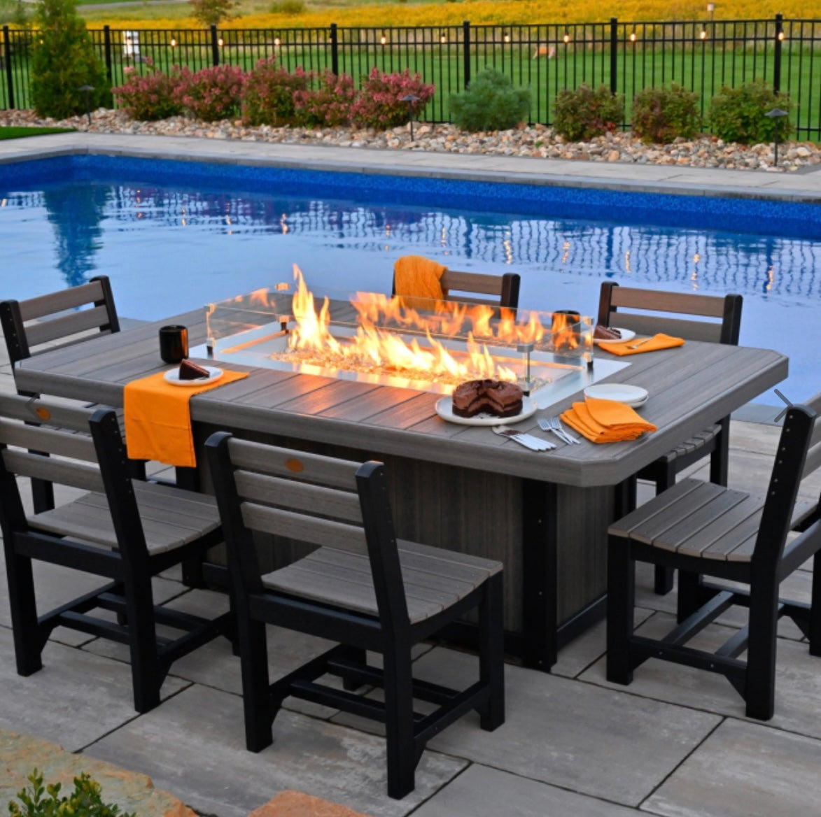 Outdoor Dining Fire Pit Tale, HDPE, 79", Rect., Riviera Outdoor Decor, Corpus Christi, Texas,