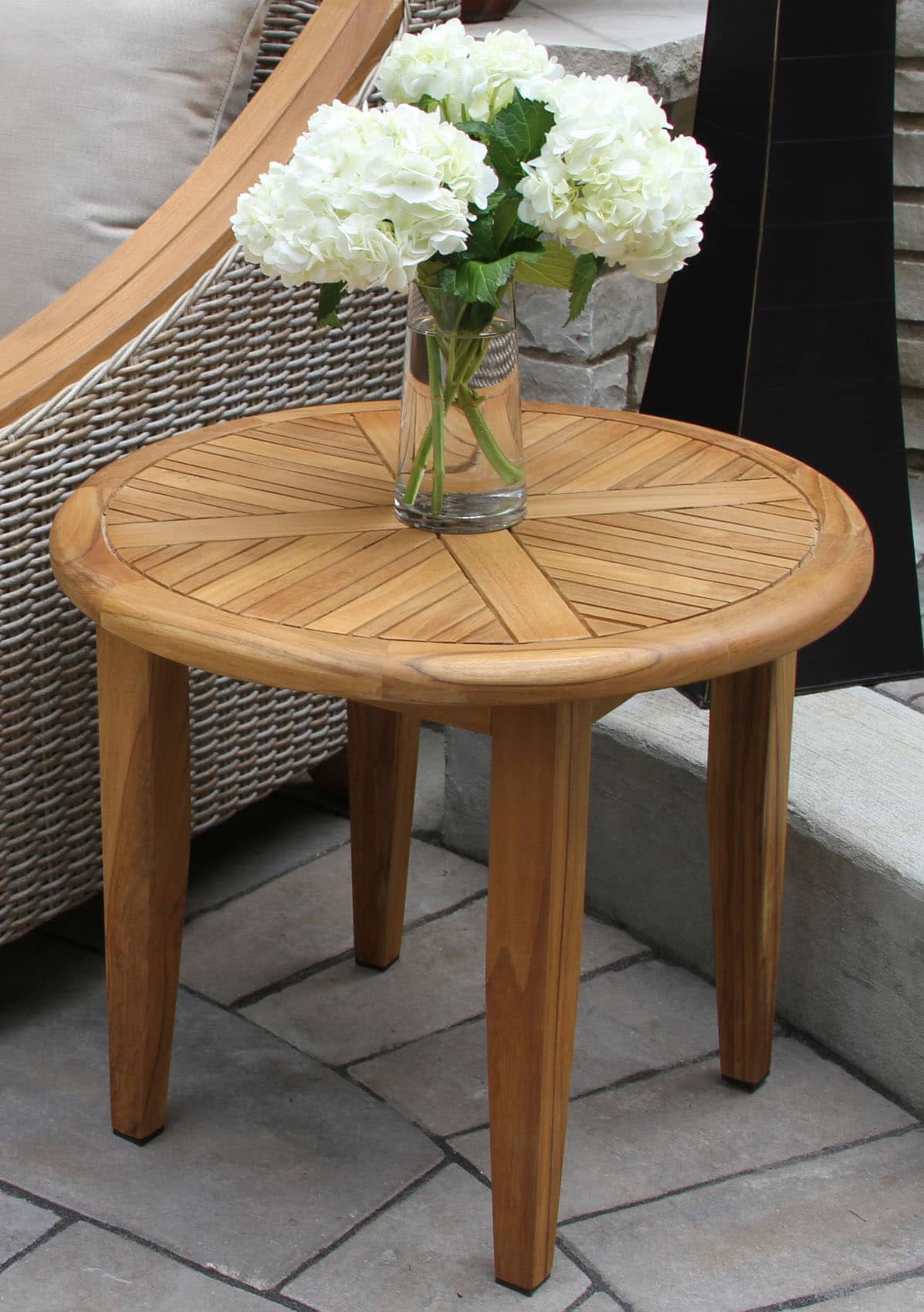 Teak Outdoor Accent Table, Round 24" with Sunburst Design of natural teak beautiful accent to patio.