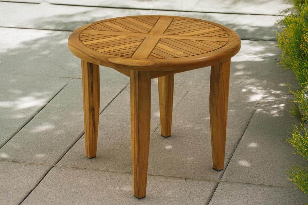Teak Outdoor Accent Table, Round 24" with Sunburst Design of natural teak beautiful accent to patio.
