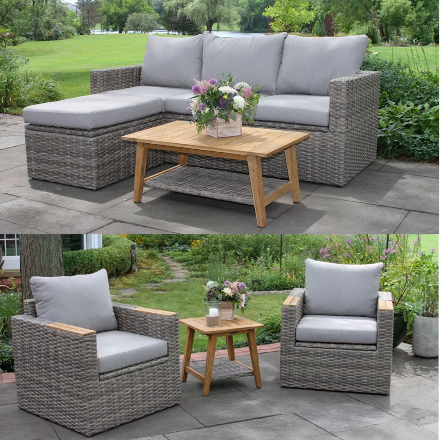 Teak, Wicker Patio set- 6 piece, solves problem in outdoor living- storage and extra seating.