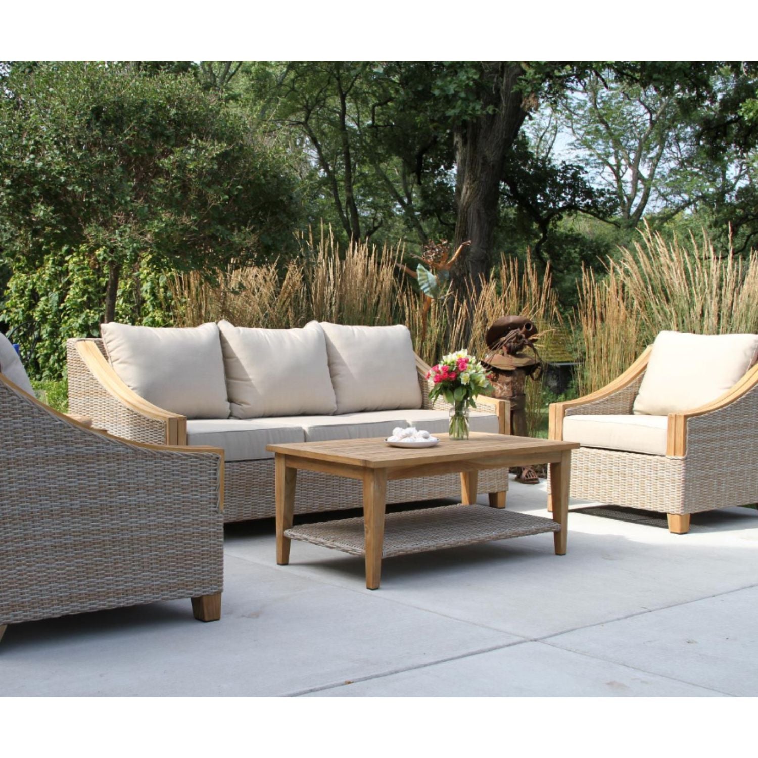 Teak and Natural Wicker 4-Piece Seating Set