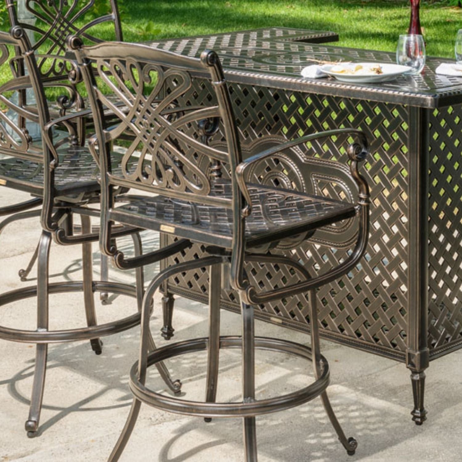Gensun Bella Vista Swivel Barstool, Aluminum, Customize finish & cushion, Riviera Outdoor Decor,